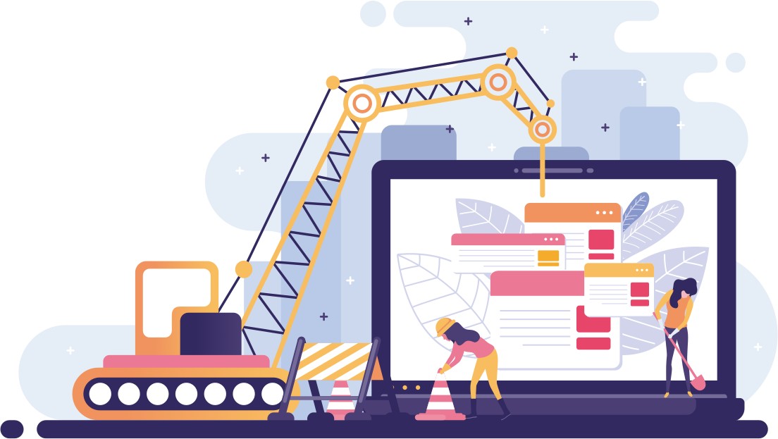 Webseite im Bau - Bild im "Flat Design"-Stil: Bauarbeiterinnen und ein Kran arbeiten an den Inhalten einer Webseite
