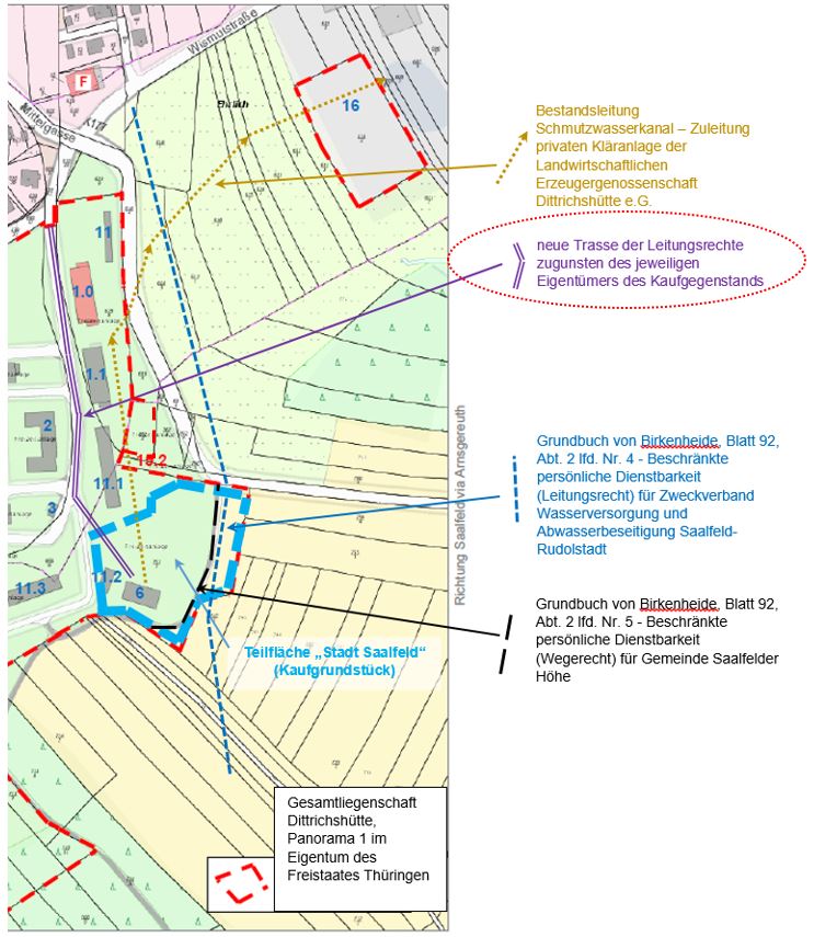 Auszug aus Kataster mit eingezeichneten Bestandsleitungen und neu geplanter Trasse, die über Leitungsrechte gesichert sind bzw. werden soll