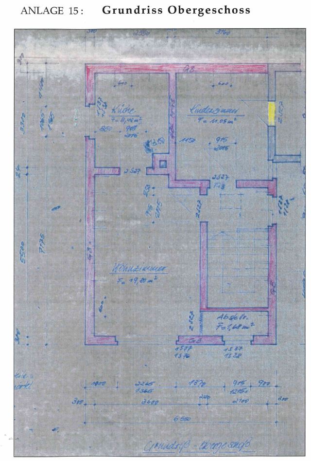 Grundriss OG aus Bausakte; hier finden sich Küche, Kinderzimmer, Wohnzimmer, Treppe und Abstellraum