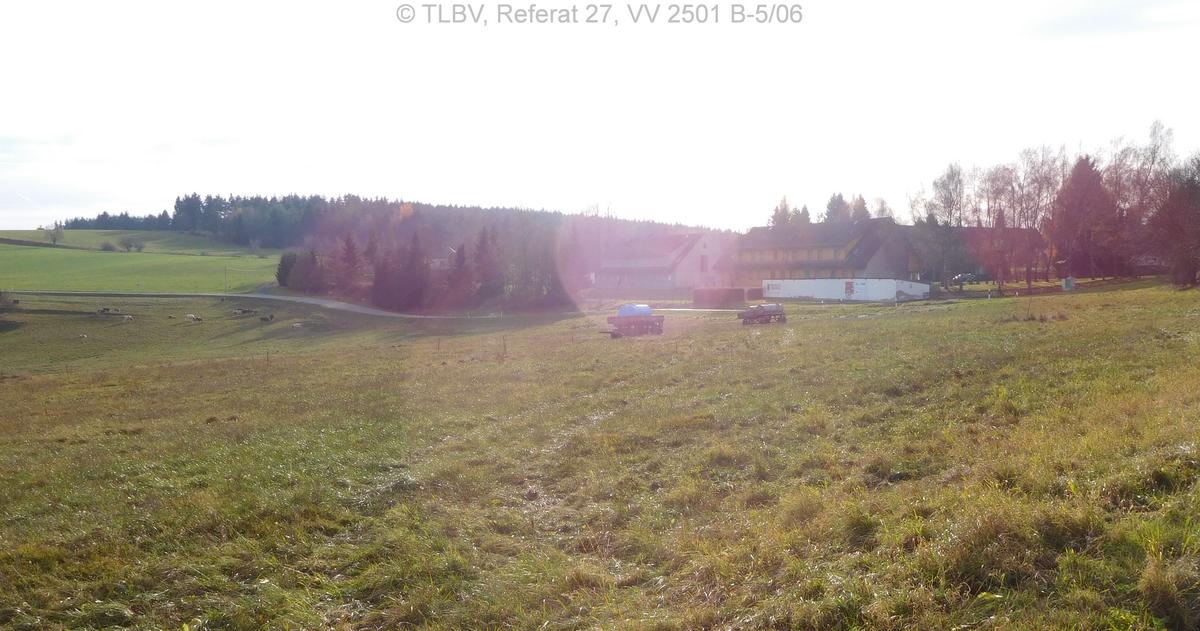 Weitblick über Wiese im Gegenlicht mit Häusern im Hintergrund