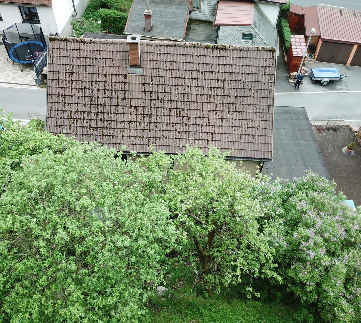 Drohnenaufnahme vom Hang aus; sichtbar ist nur das Dach; im Vordergrund Baumbewuchs
