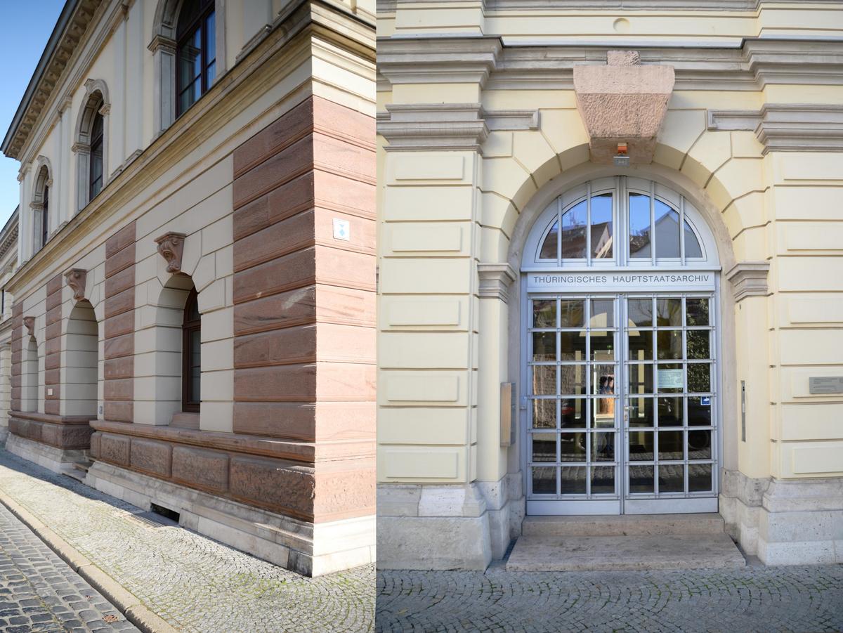 Zwei Fotos: links: die Fassade der Marstallstraße als tiefes Foto in die Straße hinein fotografiert. Schwarzes Kopfsteinpflaster auf der Straße, granitartiges Pflaster am Gehweg davor. Die Fassade ist so kleinteilig, dass sie nahe zu verschwimmt. Der Mittelrisalit ist in der Bildtiefe zu erkennen. Es scheint die Sonne. Rechts: Haupteingangstür zum Marstallgebäude. Metalltür mit Rasterung. Graues Metall in den Feldern des Raster ist Glas eingelassen. Durch Spiegelungen kann man nicht ins Gebäude schauen. Rundbogen ebenfalls aus grauen Metall führt die senkrechten Linien des Rasters fort. Dazwischen wieder Glas.