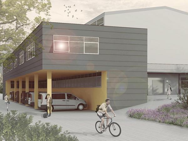Computer Visualisierung des Nebaus, zweigeschossig, graue Fassade mit horizontalen Streifen zur Gliederung. Das Erdgeschoss ist zur Hälfte ausgeschnitten und dienst als Stellplatz für Fahrzeuge. Der Ausschnitt ist mit orangener Farbe betont. Davor ein Weg der am Gebäude vorbeiführt, hier sind junge Menschen bei sportlicher Aktivität dargestellt. Grünpflanzen rahmen die Szene ein. Im Hintergrund ist ein größeres Gebäude schwach dargestellt, man kann fast nur Umrisse erkennen. Insgesamt in blassen Farben.