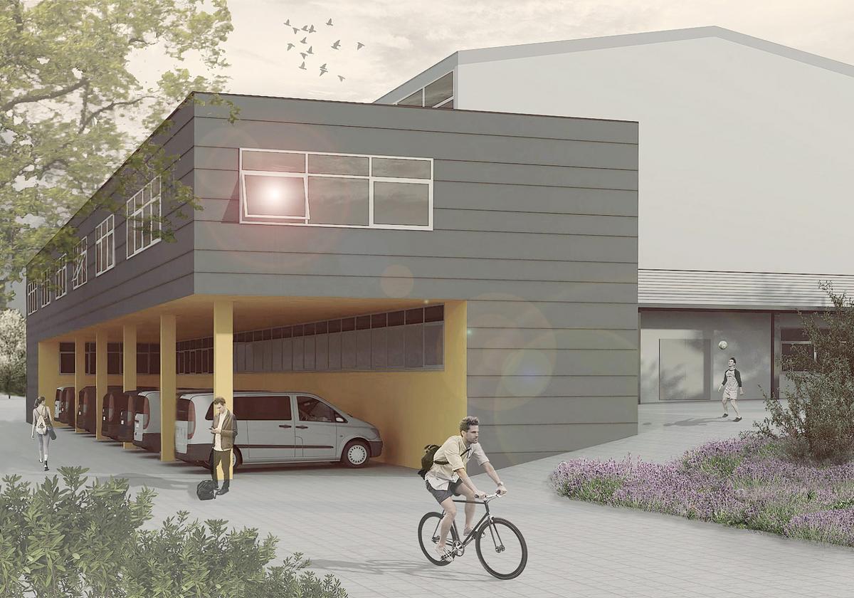 Computer Visualisierung des Nebaus, zweigeschossig, graue Fassade mit horizontalen Streifen zur Gliederung. Das Erdgeschoss ist zur Hälfte ausgeschnitten und dienst als Stellplatz für Fahrzeuge. Der Ausschnitt ist mit orangener Farbe betont. Davor ein Weg der am Gebäude vorbeiführt, hier sind junge Menschen bei sportlicher Aktivität dargestellt. Grünpflanzen rahmen die Szene ein. Im Hintergrund ist ein größeres Gebäude schwach dargestellt, man kann fast nur Umrisse erkennen. Insgesamt in blassen Farben.