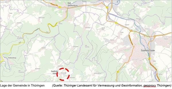 Kartenausschnit, stellt die Lagebeziehung zur Stadt Saalfeld her