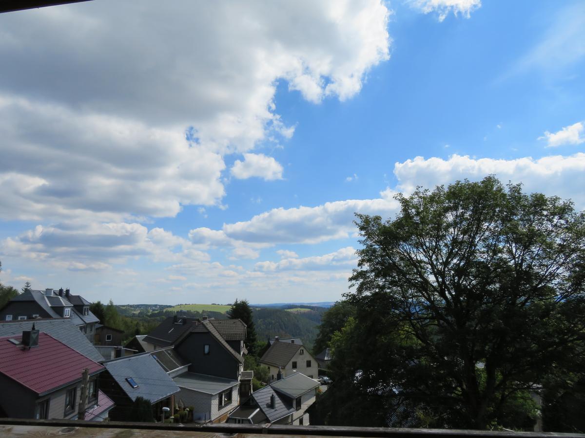 Ausblick über Häuserdächer in grüne Hügellandschaft