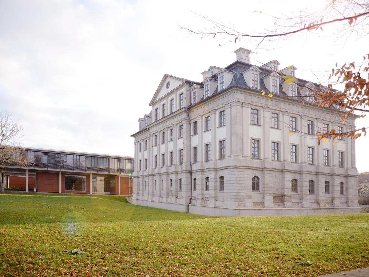Ein Foto an einem klaren Wintertag, es ragen Äste mit rotbrauen Blättern in das Bild, Schloss Tinz, das Barockschloss ist in Ansicht von Nordwesten zu sehen. 3 Geschoss, graues Mansarddach mit vielen Gauben. Im Vordergrund eine grüne Wiese ohne Blumen, im Hintergrund ein moderner Neubau der Dualen Hochschule, zweigeschossig, Obergeschoss verglast, Erdgeschoss geschlossen und mit Holz verkleidet.