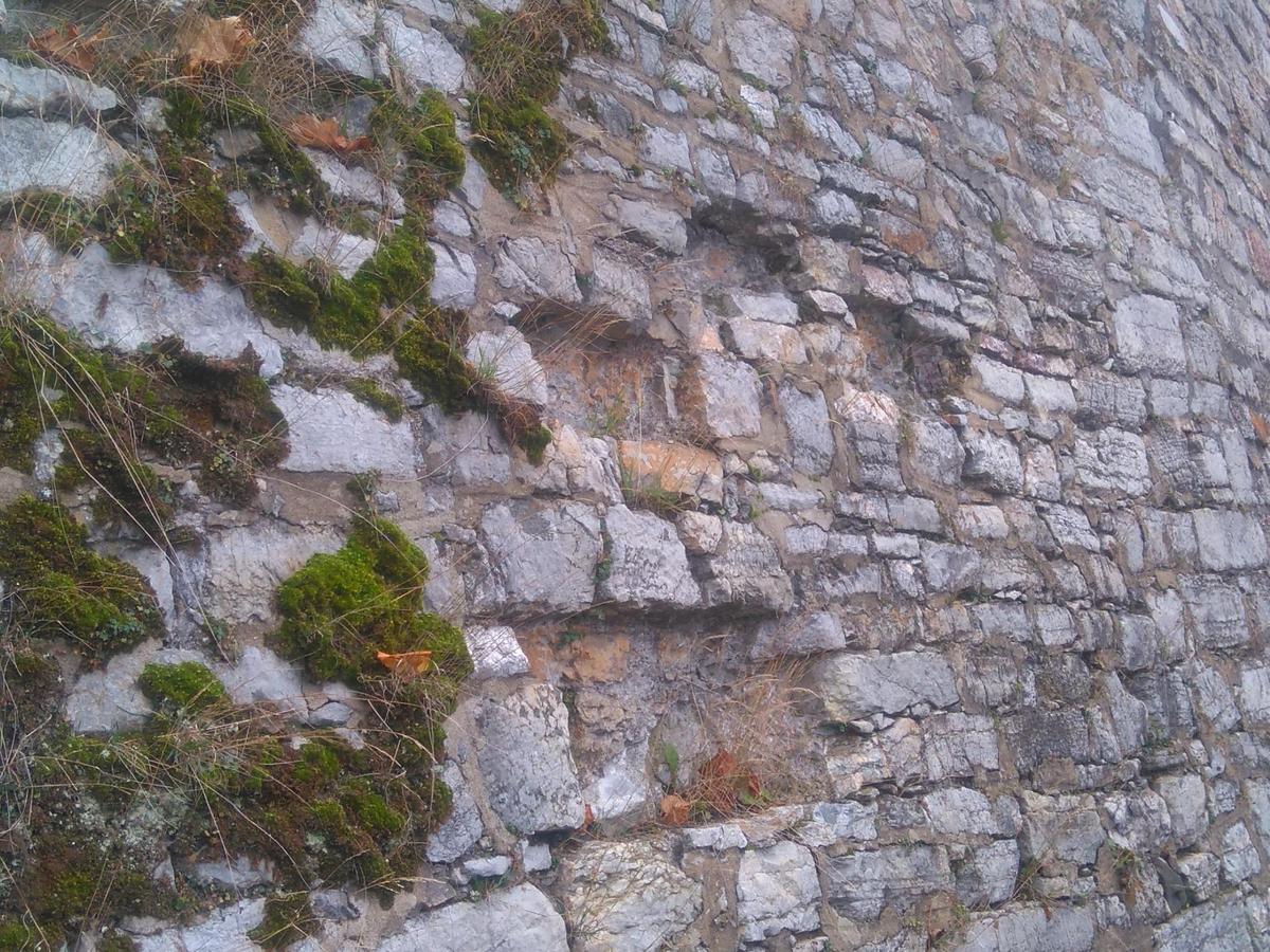 Abgebildet ist eine Natursteinmauer, auf der sich Moos festgesetzt hat. Einige Steine fehlen.