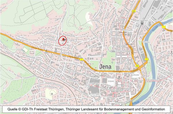 Auszug aus Webatlas für die Stadt Jena, Pin auf der Liegenschaft, ndl. der B7 und westlich des Stadtgebietes