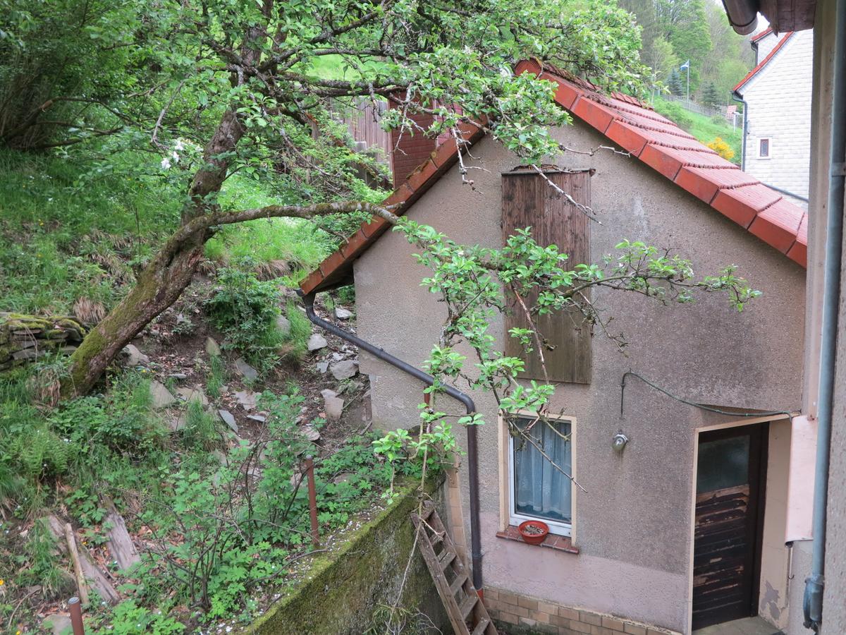 Blick auf eingeschossiges Nebengebäude mit Satteldach in Massivbauweise; zu ca. 1/3 in den Hang hineingebaut