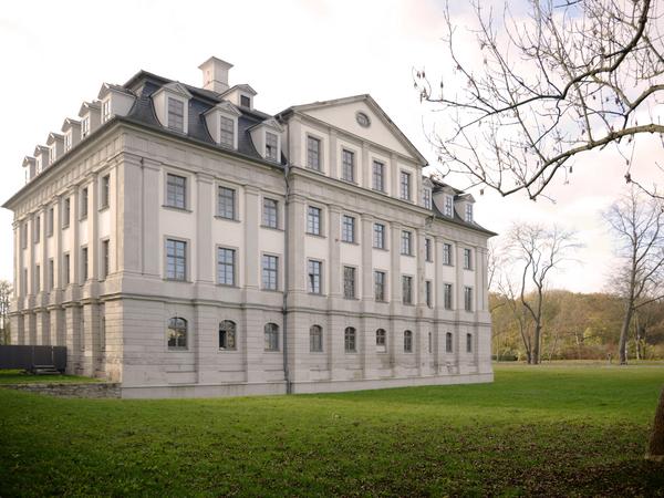 Nordostfassade des Barockschloss mit sichtbaren baulichen Anschluss des Neubaus an das Barockschloss. Rechts ist ein Baum angeschnitten, sein Stamm und seine Äste ragen in das Bild. Die Ostfassade wird von der Sonne beschienen. Grüne Wiese, im Hintergrund leichte Hügel und ein heiterer Himmel.