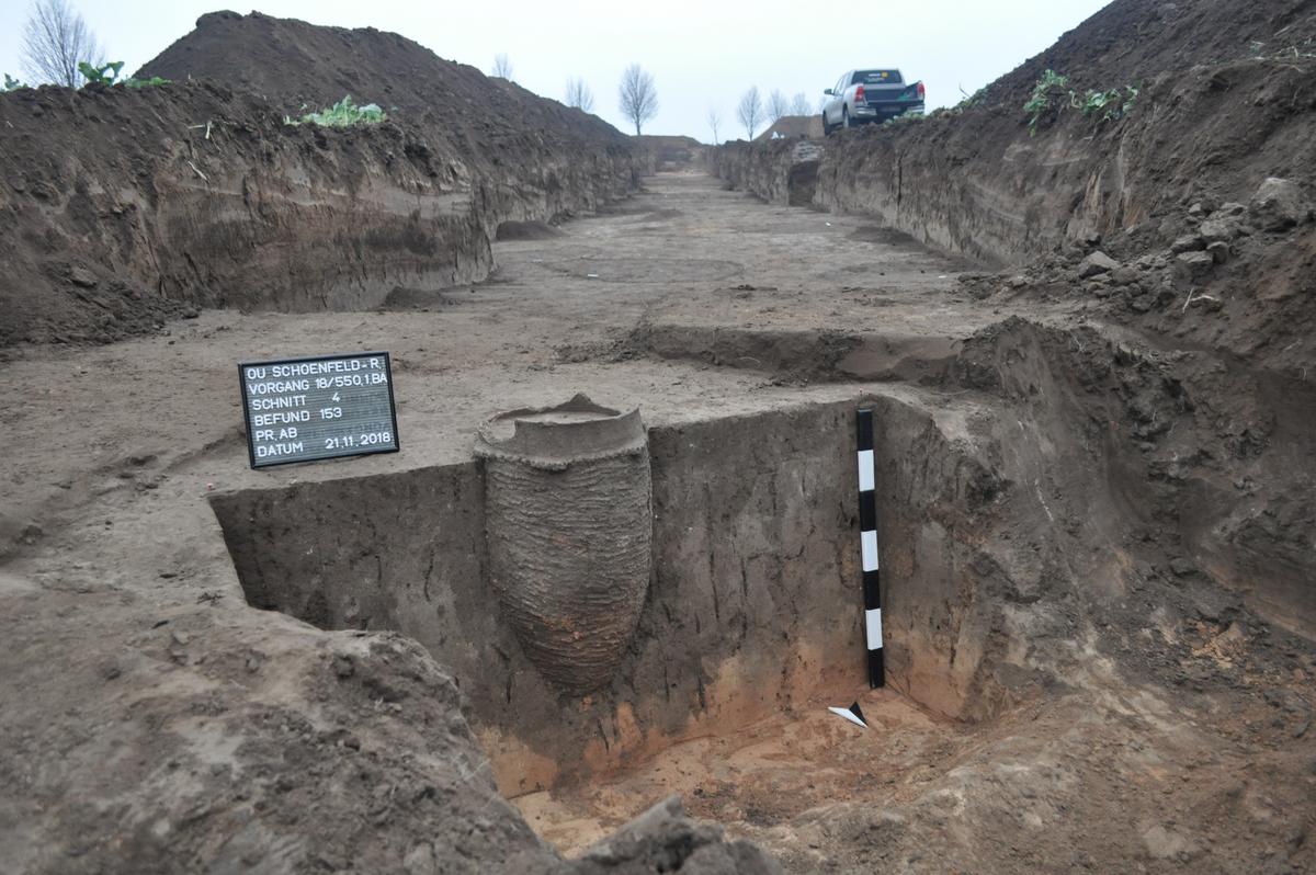 Selten gut erhaltenes, ca. 4000 Jahre altes, 70 cm hohes Vorratsgefäß der frühbronzezeitlichen Aunjetitzer Kultur. Gefäße dieser Art konnten sowohl der Lagerung von Lebensmitteln dienen als auch für Bestattungen verwendet werden. Das Gefäß wurde im Block geborgen und befindet sich derzeit in der Restaurierung. Mit Hilfe von Röntgenaufnahmen wurde bereits festgestellt, dass sich leider kein Metallhort im Inneren befindet.