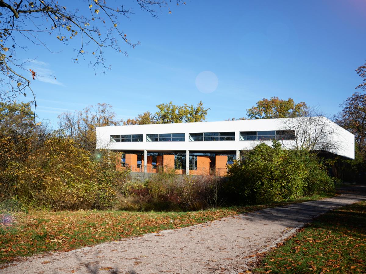 Ein Kiesweg führt zum Neubau, rechts und links Grünpflanzen und Äste ragen in das Bild. Der Neubau wird teilweise von Gebüsch verdeckt. Der flache weiße Neubau strahlt im Sonnenlicht. Die orangenen Boxen der Glasfassade sind gut zu erkennen. Blauer Himmel, Sonnenschein.