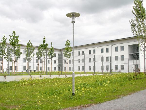 Ein Foto mit angeschnittenen Weg unten rechts, anschließend eine Wiese mit gelben Blumen, dann folgt ein Zaun auf massiven Betonfertigteilen. Hinter dem Zaun ist das L-förmige Zellengebäude zu sehen. Eine einfach weiße Lochfassade. Das L umfasst einen Innenhof mit jungen Bäumen in ihren Wachsgestellen.