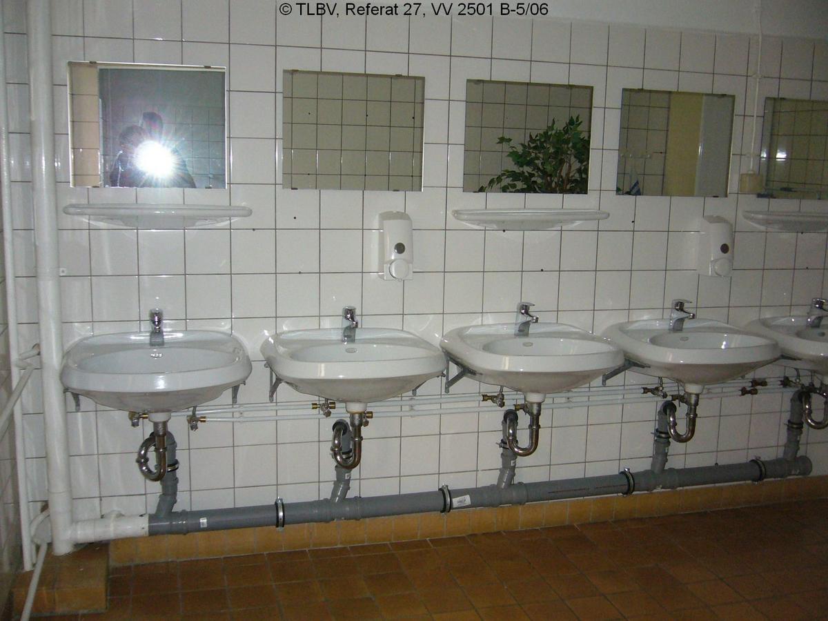 gefliester Sanitärbereich, 5 weiße Waschbecken mit Spiegeln in Reihe