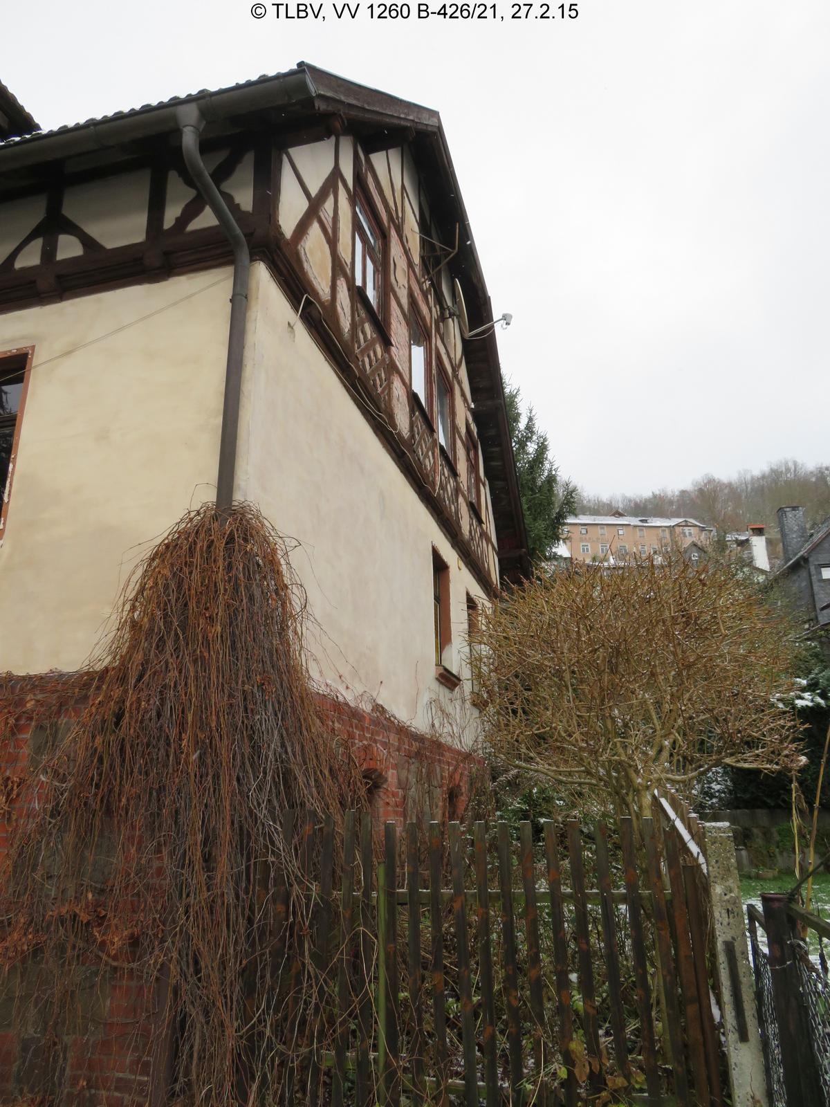 Giebelansicht über Holzlattenzaun; Rankgewächs an Hausecke, Gebüsch im Vorgarten